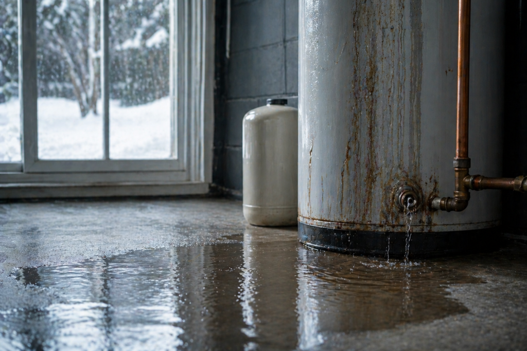Hot water tank leak warning signs in Toronto cold weather basement