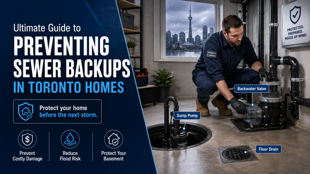 Professional plumber preventing sewer backups in Toronto home pipes