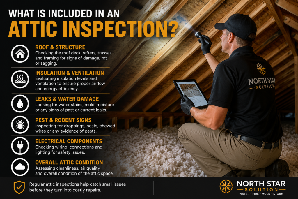 Technician inspecting attic insulation and ventilation in a Toronto home