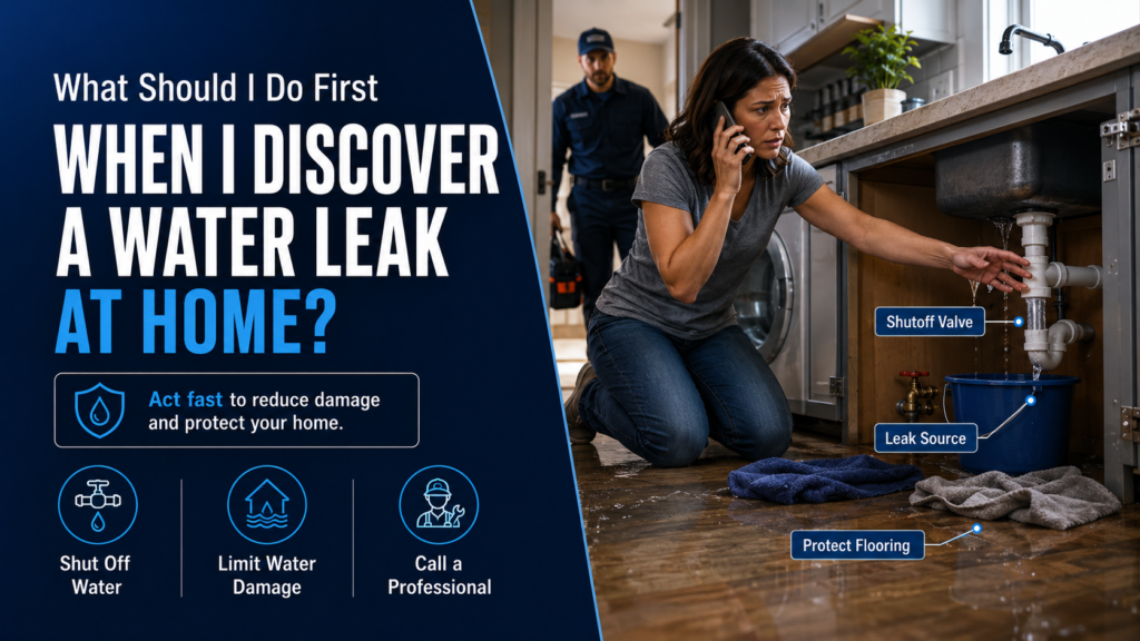 Homeowner responding to a water leak with shut-off valve and cleanup supplies