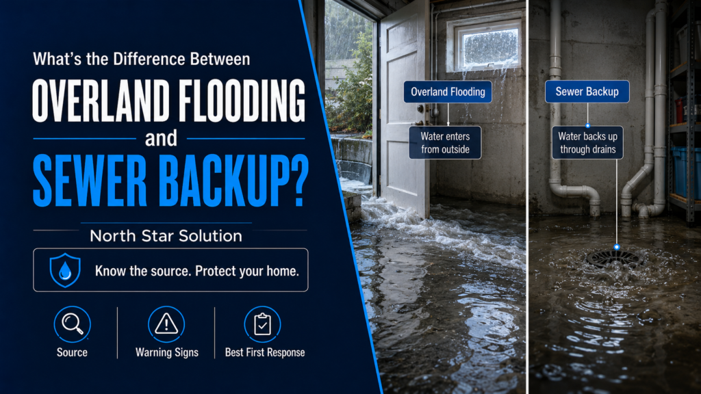 Comparison chart showing overland flooding entering through windows and sewer backup entering through drains in a Toronto basement