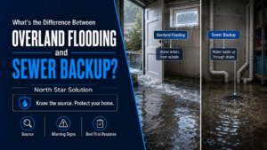Comparison chart showing overland flooding entering through windows and sewer backup entering through drains in a Toronto basement