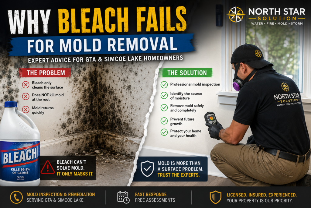 Woman avoiding bleach spray on moldy wall in Toronto basement