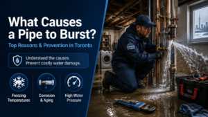Burst pipe with water leaking in Toronto home basement during winter