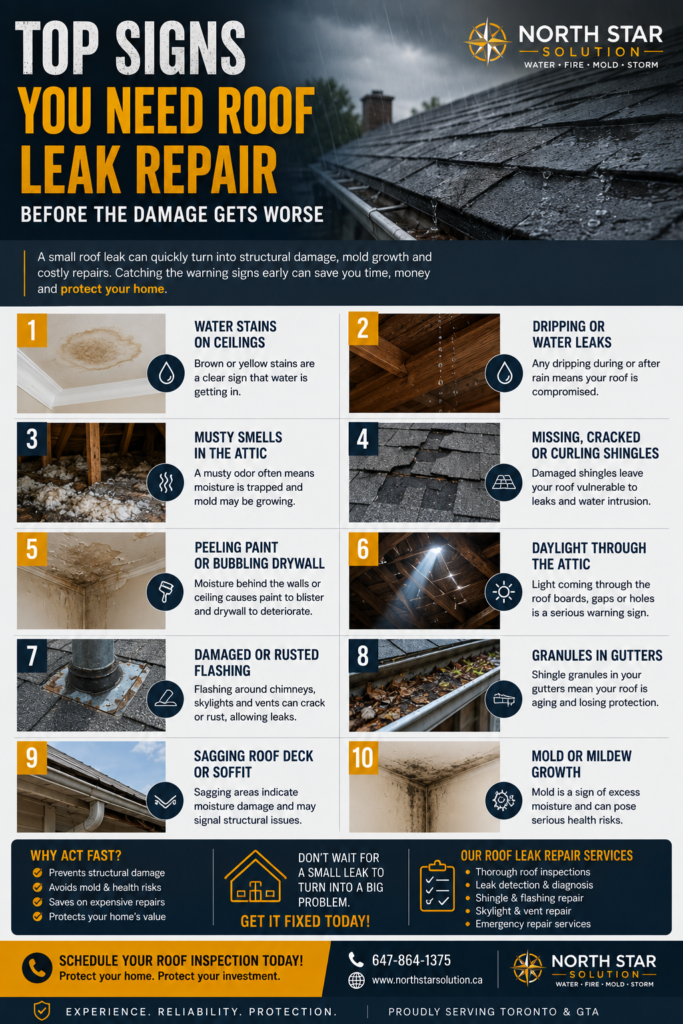 Homeowner inspecting ceiling stains and roof leak damage in Toronto