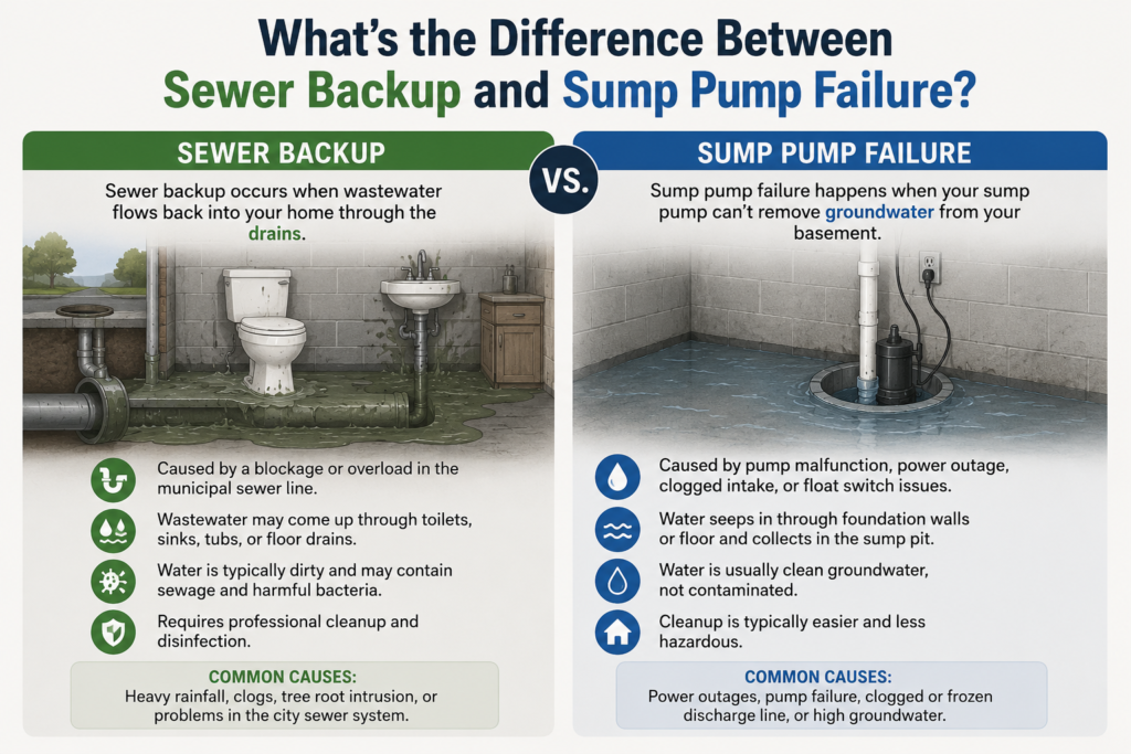 Basement plumbing illustration showing sewer backup and sump pump failure
