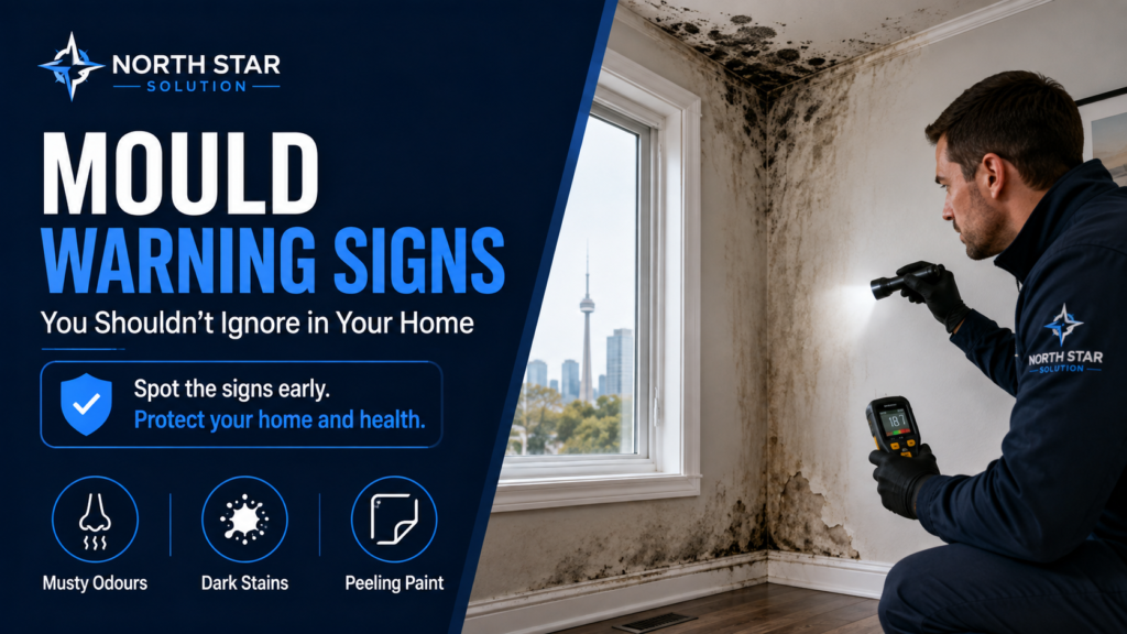 Homeowner checking for mould warning signs in a damp Toronto basemen